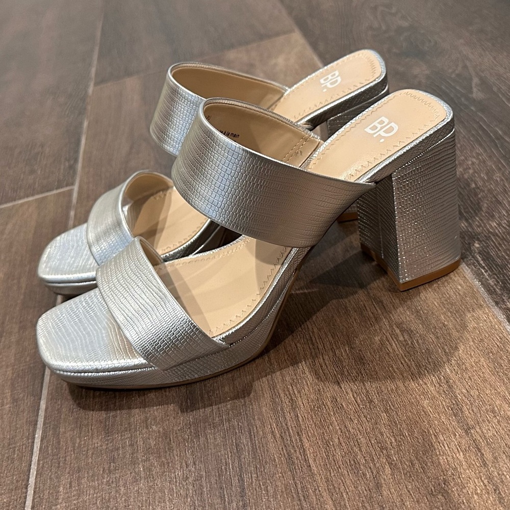 bp Silver Textured Double-Band Block Heel Sandals